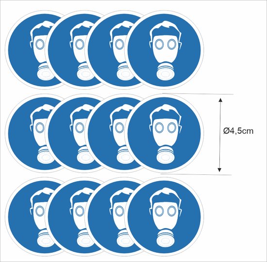 Ademhalingsbescherming, Gasmasker verplicht pictogram sticker set 12 stuks.