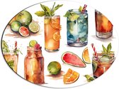Dibond Ovaal - Verschillende Getekende Cocktails - 56x42 cm Foto op Ovaal (Met Ophangsysteem)