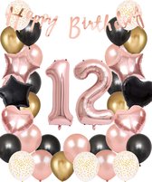 Snoes Ballonnen 12 Jaar Set Mega Rose Black Zwart Ballonen set - Compleet Feestpakket Cijferballon 12 Jaar - Verjaardag Versiering Slinger Happy Birthday – Folieballon – Latex Ballonnen - Helium Ballonnen