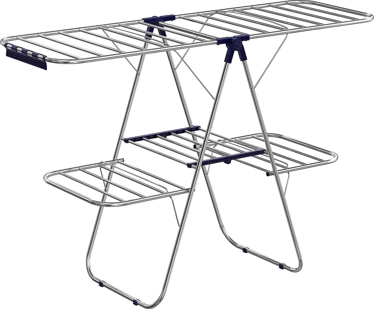 SONGMICS kledingrek van roestvrij staal, wasdroger met in hoogte verstelbare vleugels, vleugel kledingrek met 2 niveaus, voor sokken, bedlinnen, kleding, opvouwbaar, balkon, stal, blauwe
