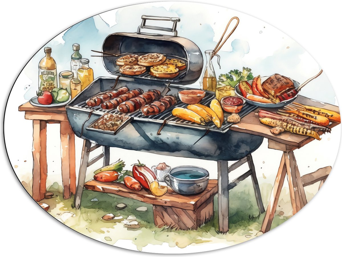 Dibond Ovaal - Tekening met Barbecue met Eten - 96x72 cm Foto op Ovaal (Met Ophangsysteem)