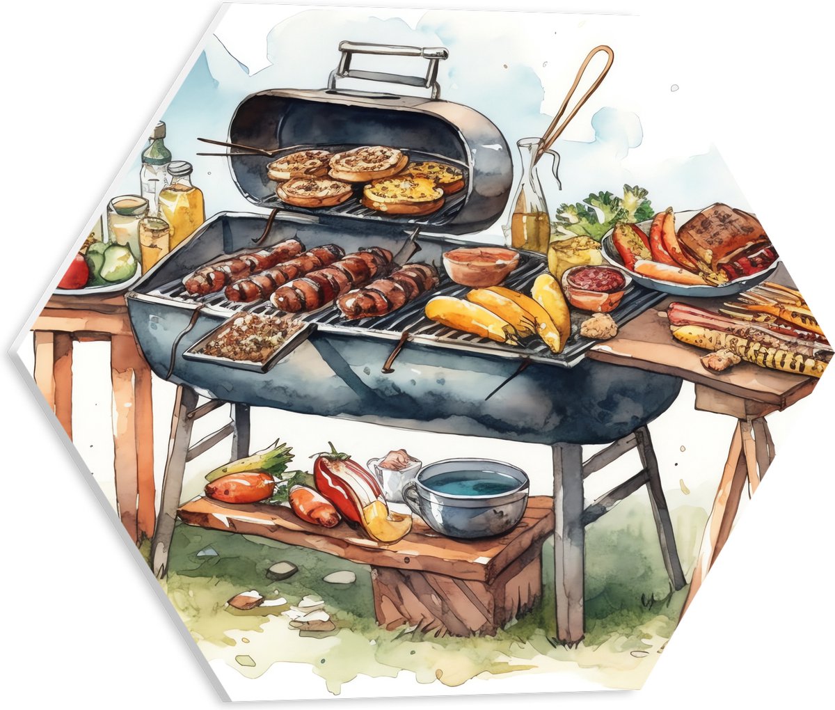PVC Schuimplaat Hexagon - Tekening met Barbecue met Eten - 40x34.8 cm Foto op Hexagon (Met