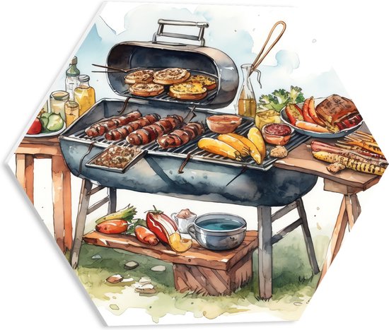 PVC Schuimplaat Hexagon - Tekening met Barbecue met Eten - 40x34.8 cm Foto op Hexagon (Met Ophangsysteem)