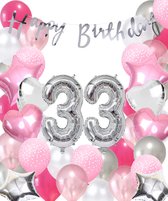 Snoes Ballonnen 33 Jaar Pink Blush Silver Mega Ballon - Compleet Feestpakket 33 Jaar - Verjaardag Versiering Slinger Happy Birthday – Folieballon – Latex Ballonnen - Helium Ballonnen - Zilver en Roze Verjaardag Decoratie