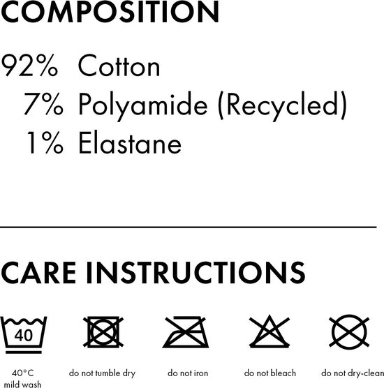 Samenstelling en wasinstructies voor Falke sokken: 92% katoen, 7% gerecycled polyamide, 1% elasthaan. Wassen op 40°C, niet in de droger, strijken of bleken.