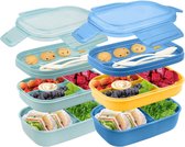 bentobox 1900ML dubbele stapelbare lunchbox-container voor maaltijdbereiding met bestek 5 compartimenten verzegelde vershoudbox BPA-vrije lunchbox voor volwassenen en kinderen, 2 stuks