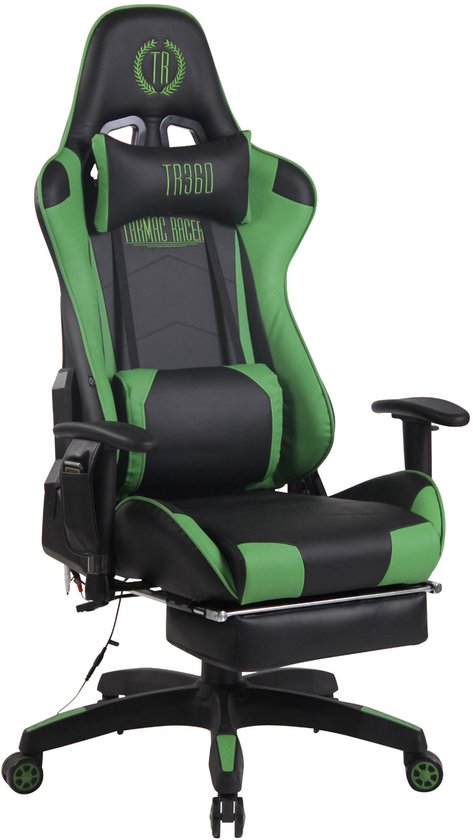 Bureaustoel - Game stoel - Massagefunctie - Voetensteun - In hoogte verstelbaar - Kunstleer - Groen/zwart - 51x67x138 cm
