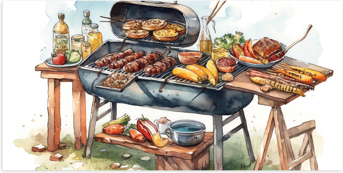 Poster (Mat) - Tekening met Barbecue met Eten - 100x50 cm Foto op Posterpapier met een Mat