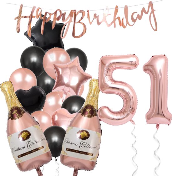 51 Jaar Verjaardag Cijferballon 51 - Feestpakket Snoes Ballonnen Pop The Bottles - Rose Zwart Versiering