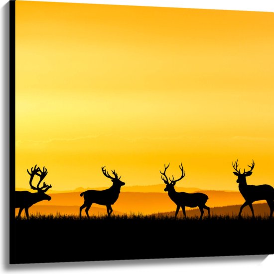 Canvas - Silhouet van Herten in het Grasveld in Heuvellandschap - 100x100 cm Foto op Canvas Schilderij (Wanddecoratie op Canvas)