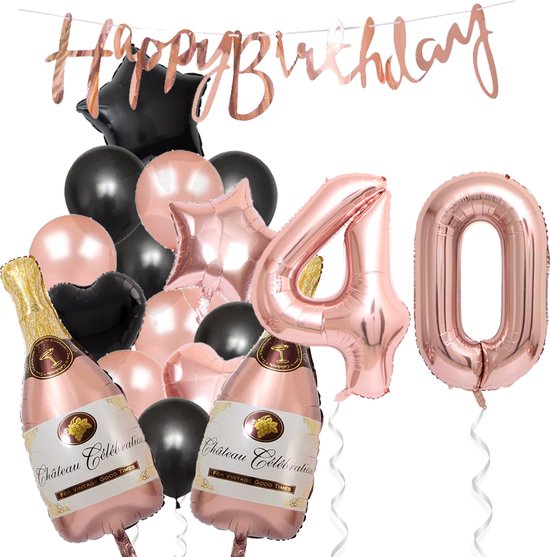 40 Jaar Verjaardag Cijferballon 40 - Feestpakket Snoes Ballonnen Pop The Bottles - Rose Zwart Versiering