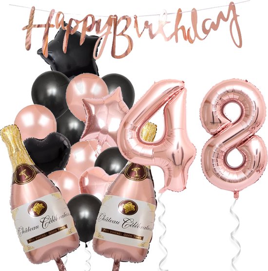 48 Jaar Verjaardag Cijferballon 48 - Feestpakket Snoes Ballonnen Pop The Bottles - Rose Zwart Versiering