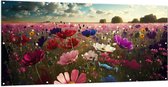 Tuinposter – Schapenwolken boven Veld Vol met Bloemen in Verschillende Kleuren - 200x100 cm Foto op Tuinposter (wanddecoratie voor buiten en binnen)