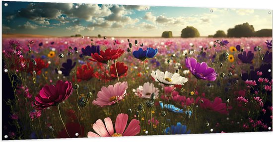 Tuinposter – Schapenwolken boven Veld Vol met Bloemen in Verschillende Kleuren - 200x100 cm Foto op Tuinposter (wanddecoratie voor buiten en binnen)