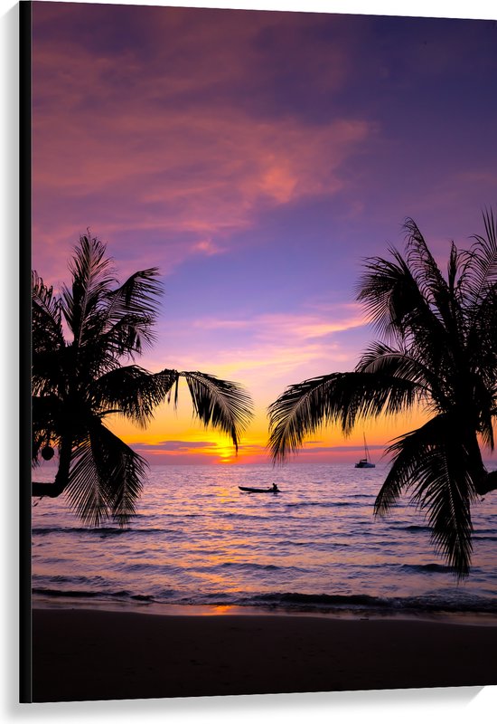 Canvas - Silhouet van Palmbomen Hangend boven het Strand op Zomerse Avond - 80x120 cm Foto op Canvas Schilderij (Wanddecoratie op Canvas)