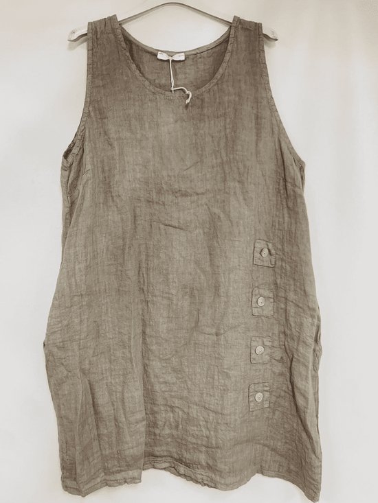 Robe en lin de couleur Caramel avec bouton et col V, demi manches, été ou hiver, modèle vintage, vêtement femme Taille 42