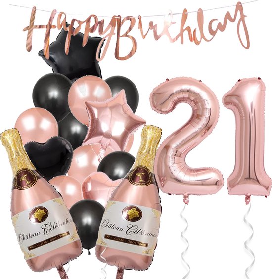 21 Jaar Verjaardag Cijferballon 21 - Feestpakket Snoes Ballonnen Pop The Bottles - Rose Zwart Versiering