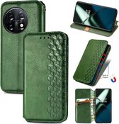 Luxe PU Lederen Ruitpatroon Wallet Case + PMMA Screenprotector voor OnePlus 11 _ Groen