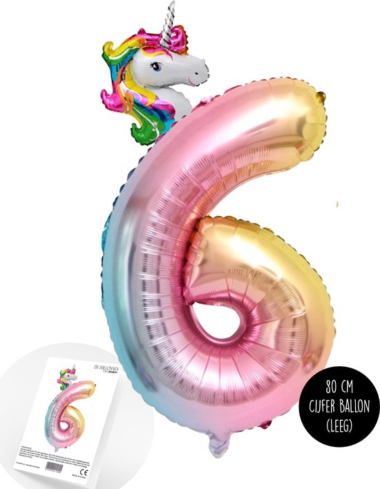 Snoes - XL Cijfer Ballon 6 - Vrolijke Helium Regenboog Eenhoorn Cijfer Ballon Met Mini Unicorn - Paardenmeisjes - Verjaardag