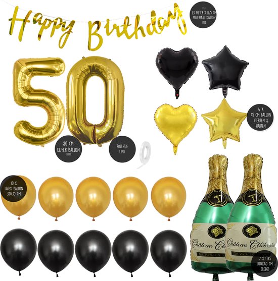 50 Jaar Verjaardag Cijferballon 50 - Feestpakket Snoes Ballonnen Pop The Bottles - Zwart Goud Groen Versiering - Snoes