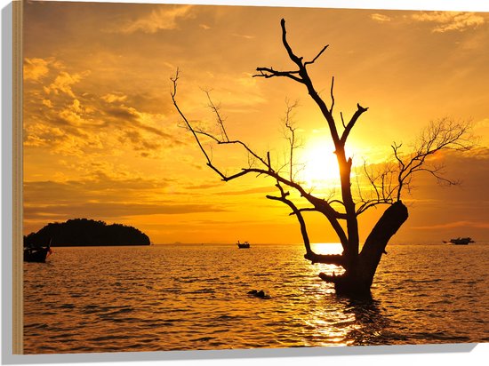 Hout - Silhouet van Boomstronk in het Water bij Zonsondergang - 80x60 cm - 9 mm dik - Foto op Hout (Met Ophangsysteem)