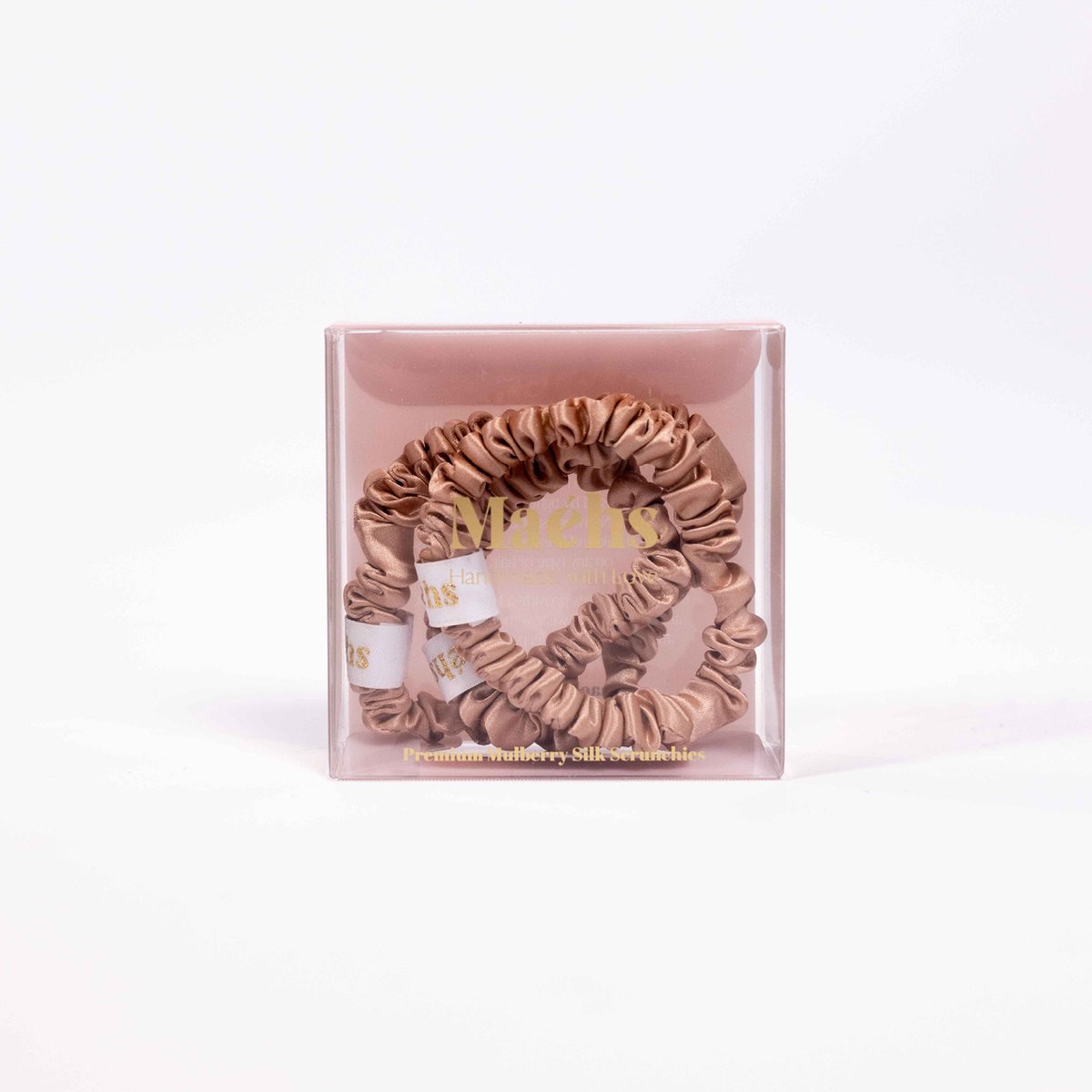 Maéhs Set van 3 kleine scrunchies, haaraccessoires - haarelastiekjes - 100% zijde - Kleur Caramel - cadeautip