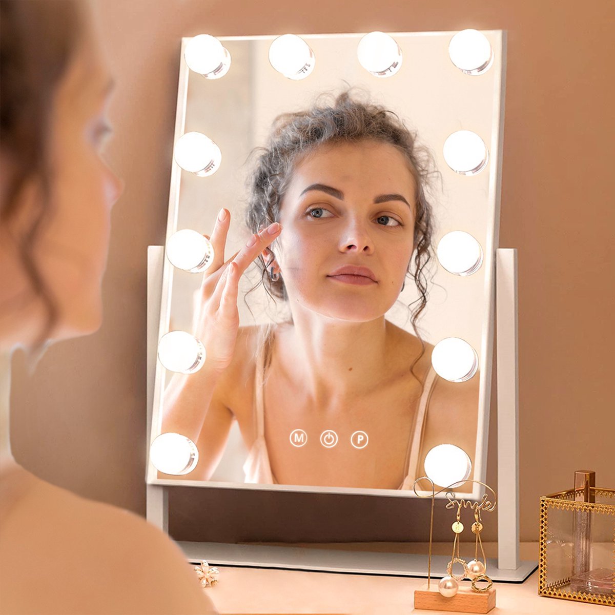 FENCHILIN Hollywood Mirror with RGB 18 LED Lights Makeup Mirror with Lights 80x60cm 3 Color Temperature Light Mirror with Lights Tempered Glass White
