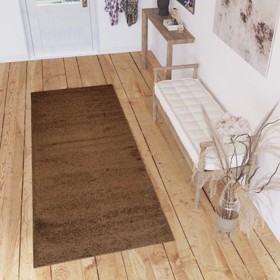 Tapiso Delhi Tapis de Couloir Marron à Poils Hauts Moelleux sur Mesure - 90x650
