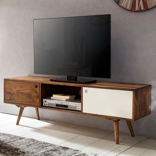 Rootz TV Lowboard - Meuble TV rural avec 2 portes et 1 tiroir - Armoire étagère Buffet - Bois massif Sheesham - 140 cm