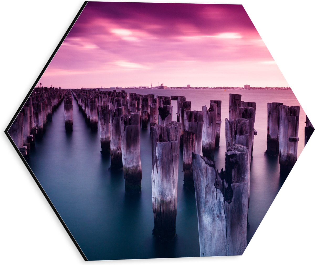 Dibond Hexagon - Palen - Water - Hout - Zee - Kleuren - 30x26.1 cm Foto op Hexagon (Met Op