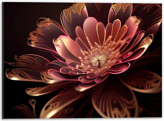 Dibond - Roze Bloem met Rosé Gouden Details - 40x30 cm Foto op Aluminium (Wanddecoratie van metaal)