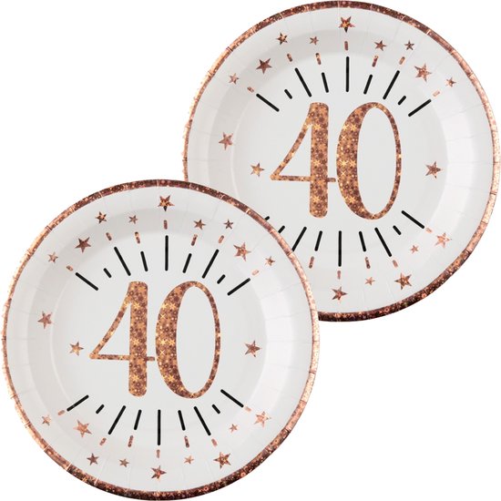 Verjaardag feest bordjes leeftijd - 20x - 40 jaar - rose goud - karton - 22 cm - rond
