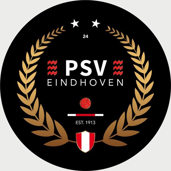 PSV Schilderij - Gouden Krans - Voetbal - Muurcirkel - Poster - Wanddecoratie op Aluminium (Dibond) - 40x40cm - Inclusief Gratis Ophangsysteem