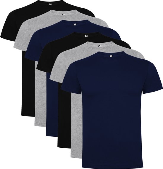 6 Pack Roly Dogo Premium Heren T-Shirt 100% katoen Ronde hals Zwart, Lichtgrijs gemeleerd, Donker Blauw Maat XL