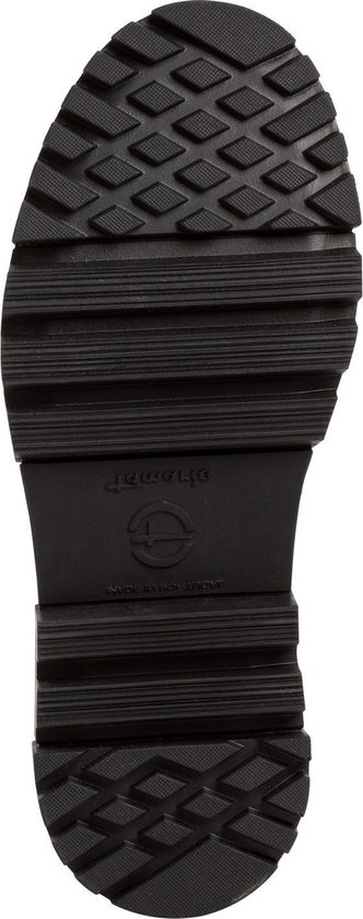 Onderkant van een zwarte Tamaris chelseaboots met profielzool en logo.