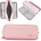 Pennenetui voor meisjes en jongens, met 3 vakken, groot, etui voor meisjes en tieners, pennenetui met 3 vakken, voor kinderen, studenten, volwassenen, school, kantoor, make-up, cadeau, roze, visitekaartjeshouder