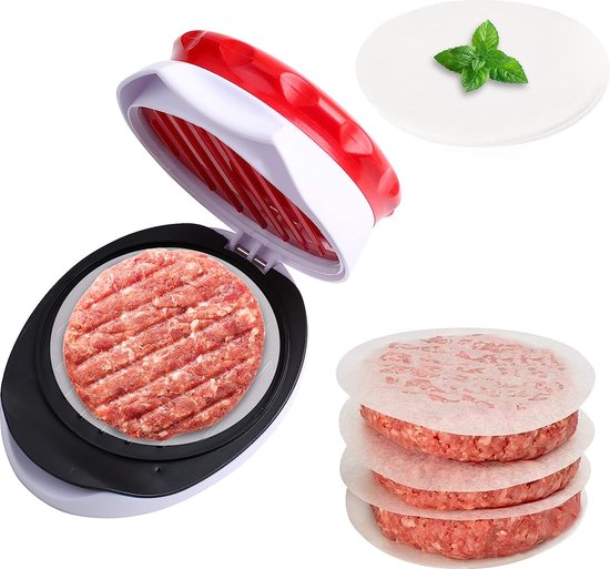 Burgerpers, Hamburgerpers, Patty Maker Pers, Vorm voor Burger Patties, Aluminium Antiaanbak Hamburger Patty Maker voor BBQ Burgers, Inclusief 100 Siliconen Papier Vellen, 1 Schroevendraaier