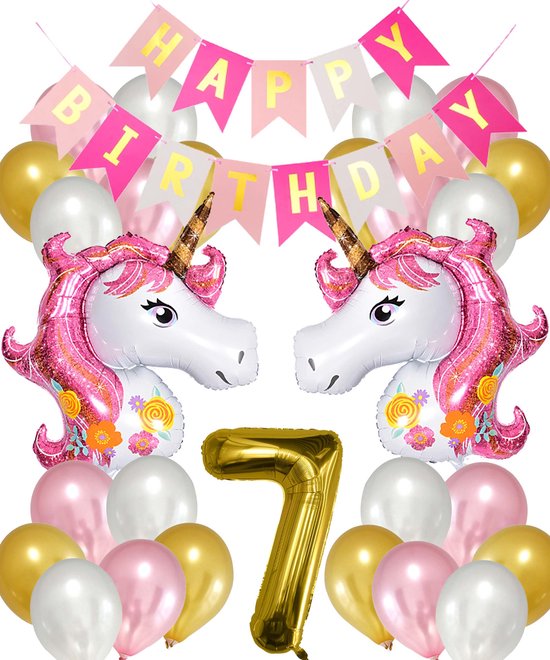 Snoes Ballonnen Set Unicorn 7 Jaar - Verjaardag Versiering Slinger - Folieballon - Helium Ballonnen