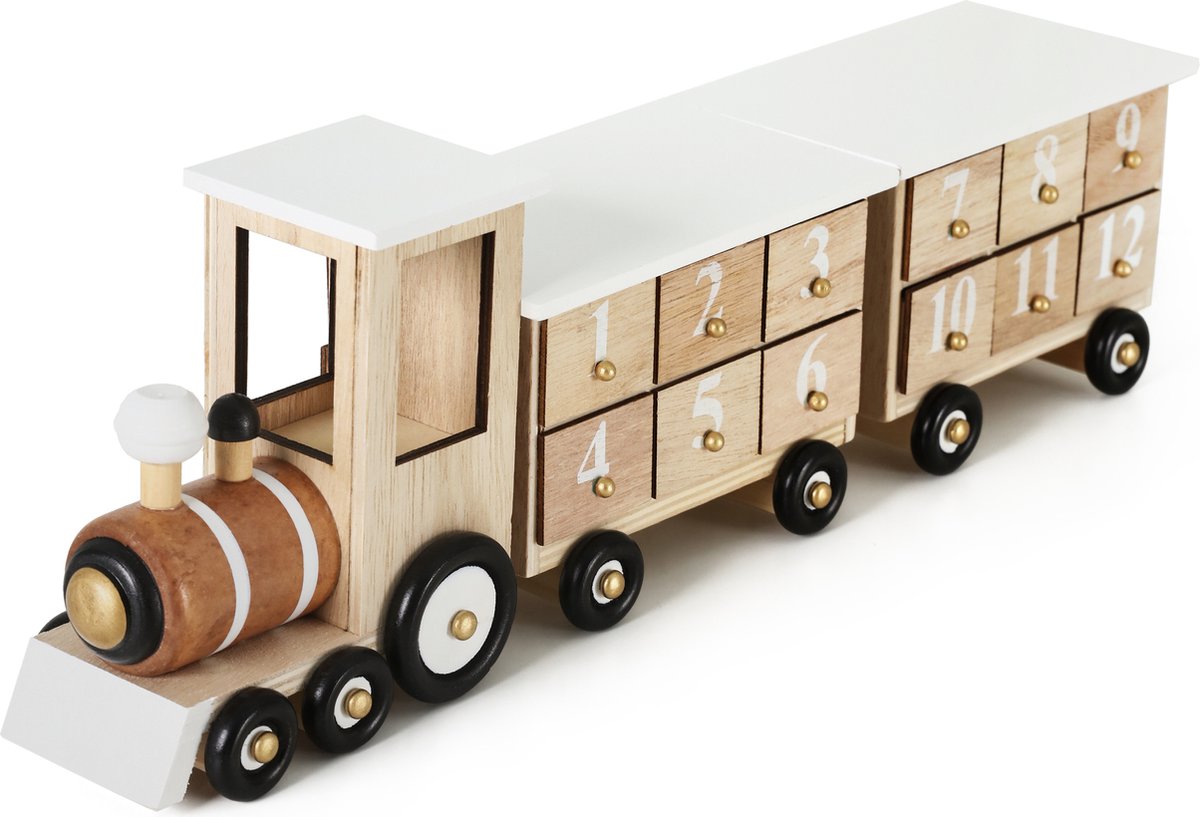 BRUBAKER Herbruikbare Houten Adventskalender zelf te vullen - Witte locomotief met 24 deuren - Doe-het-zelf-kalender 46 x 9,5 x 10,7 cm