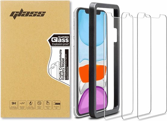 Screenprotector van Glas geschikt voor iPhone XR en iPhone 11 - Gehard Beschermglas - Transparant en Krasbestendig – Incl. Installatie Frame - 3 Stuks