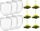 Verre à thé Glas avec fleur de thé - Design sphérique - 400 ML - Verre borosilicate à double paroi - Résistant à la chaleur et au froid - Handgemaakt - Soufflé à la bouche - Anti-rayures - Passe au micro-ondes et au lave-vaisselle