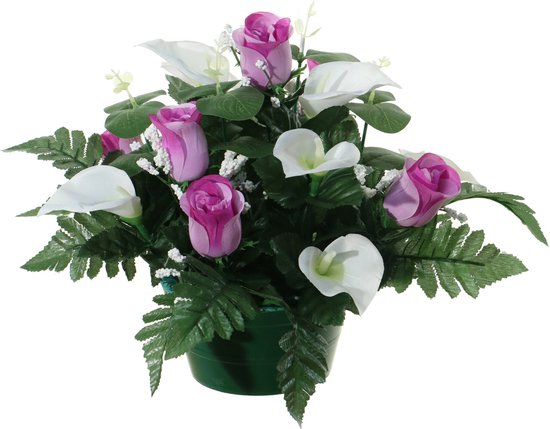 Louis Maes Plante de Fleurs artificielles en pot - blanc/violet - 26 cm - Ornement de composition florale - roses avec feuilles vertes