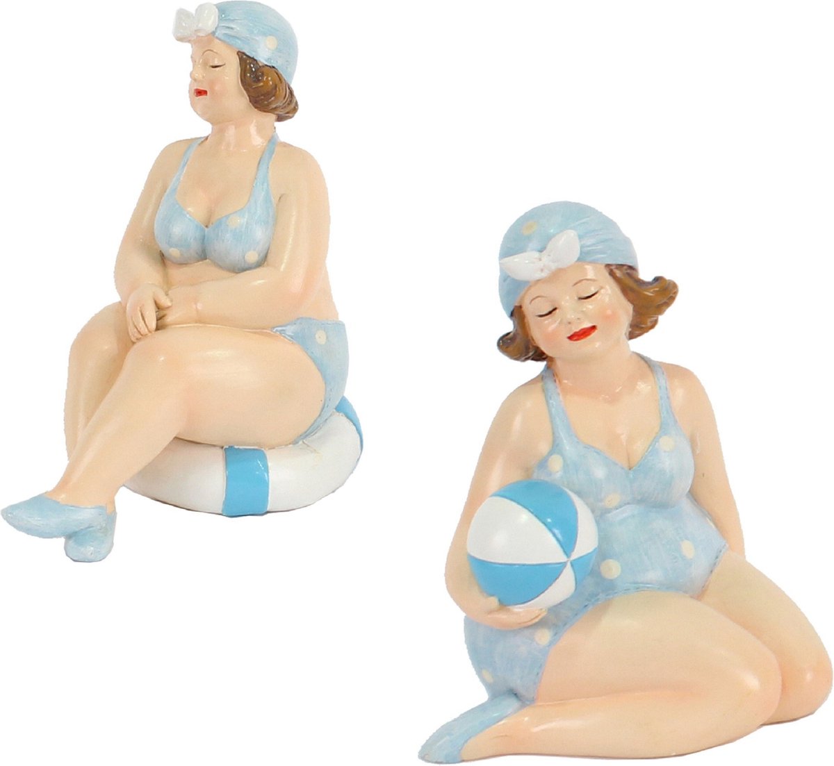 Woonkamer decoratie beeldjes set van 2 dikke dames - blauw badpak - 11 cm