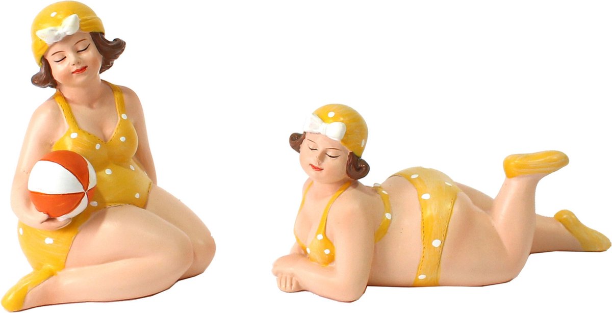 Woonkamer decoratie beeldjes set van 2 dikke dames - geel badpak - 11 cm