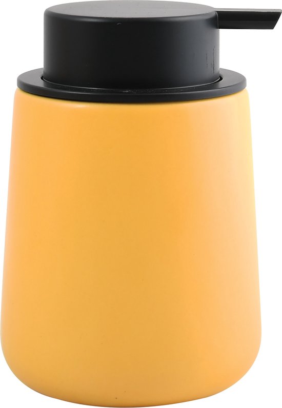Saffraangeel keramieken zeepdispenser met zwarte pomp.