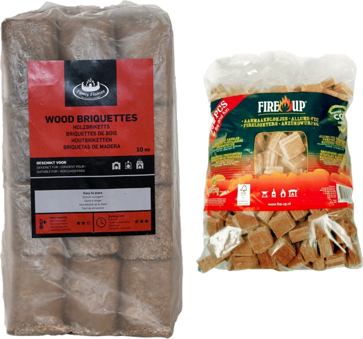 Houtbriketten - 10 kilo - kachel/openhaard - incl 192x aanmaakblokjes