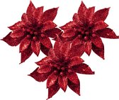 Cosy and Trendy kerstboomversiering bloemen op clip - 3x st - rood - 8 cm - glitters