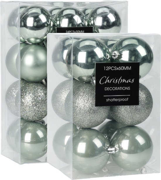 Kerstballen 28x st 5 en 6 cm mintgroen kunststof