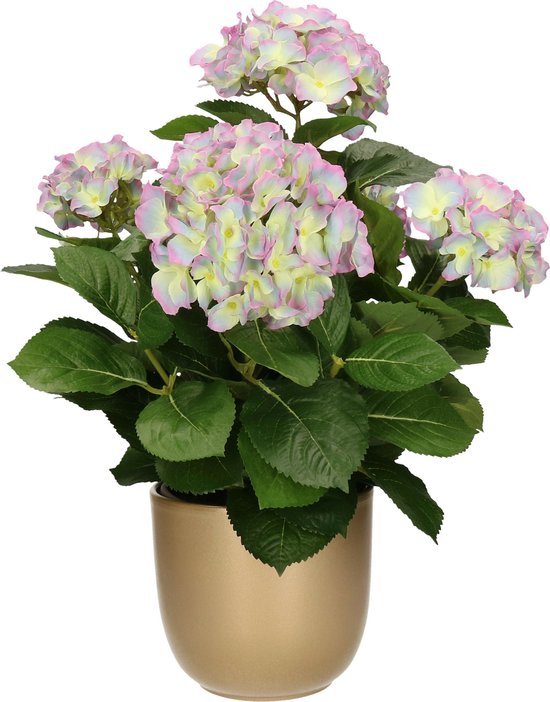 Hortensia kunstplant/kunstbloemen 45 cm - paars/groen - in pot goud glans - Kunst kamerplant