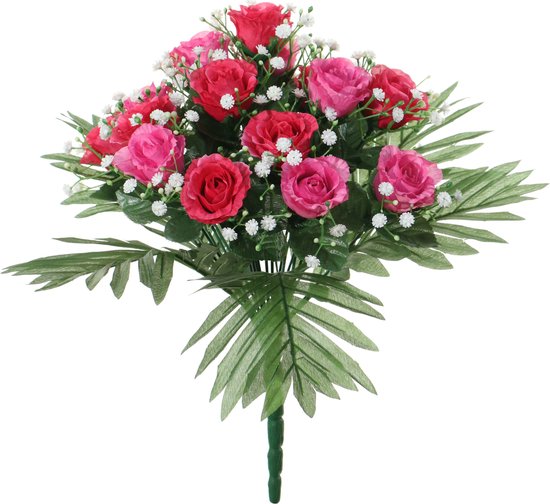 Louis Maes Kunstbloemen boeket rozen/gipskruid - roze/cerise - H36 cm - Bloemstuk - Bladgroen